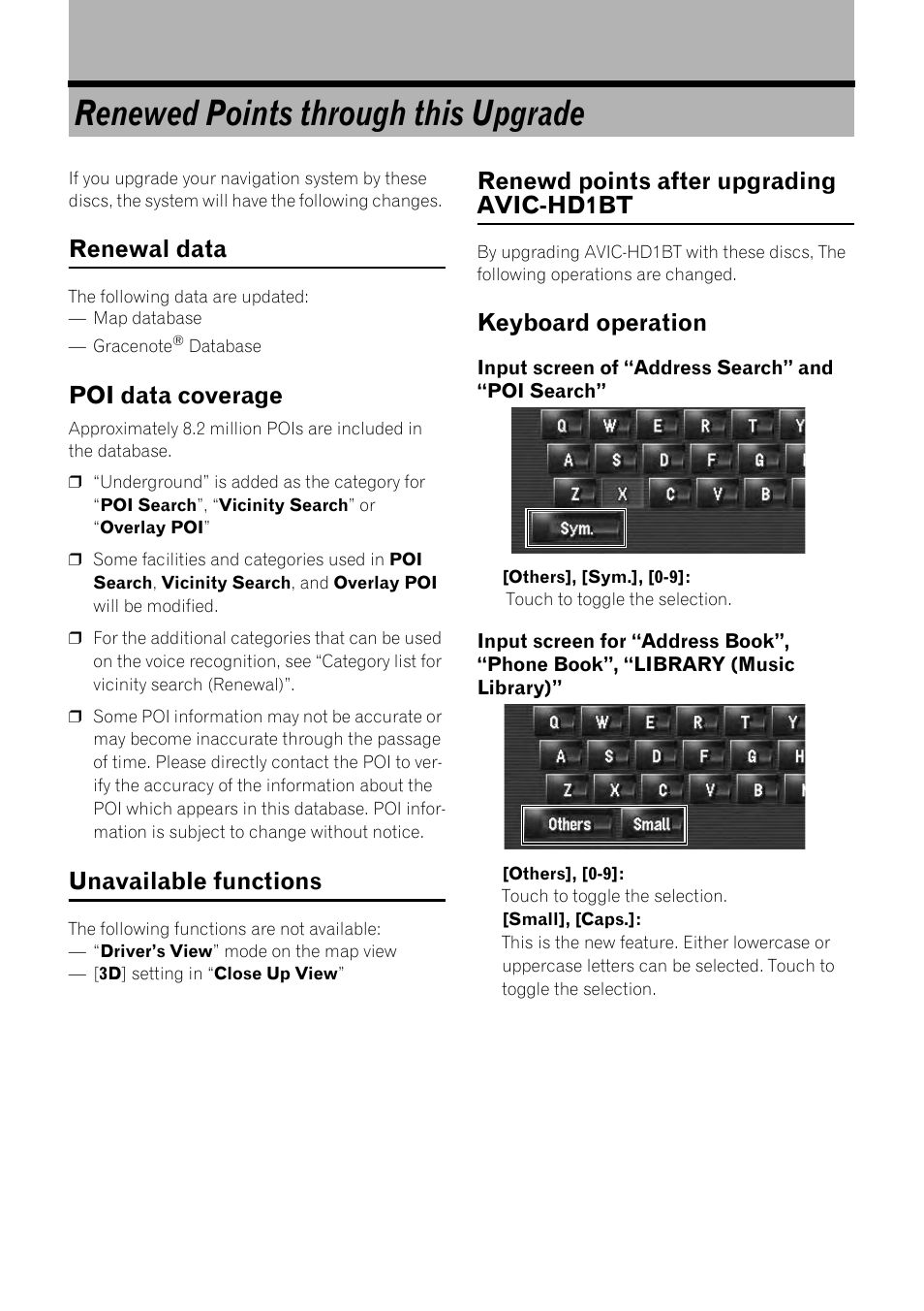 Renewed points through this upgrade, Renewal data, Poi data coverage | Unavailable functions, Renewd points after upgrading avic-hd1bt, Keyboard operation | Pioneer CNDV-800HD User Manual | Page 10 / 18