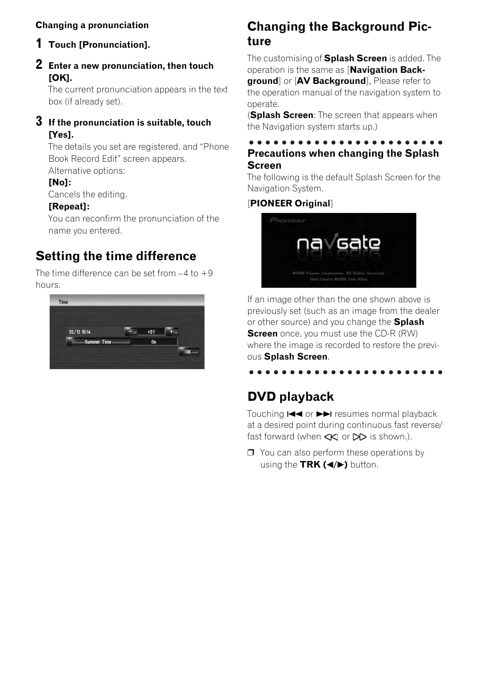 Setting the time difference, Changing the background pic- ture, Dvd playback | Pioneer CNDV-800HD User Manual | Page 14 / 18