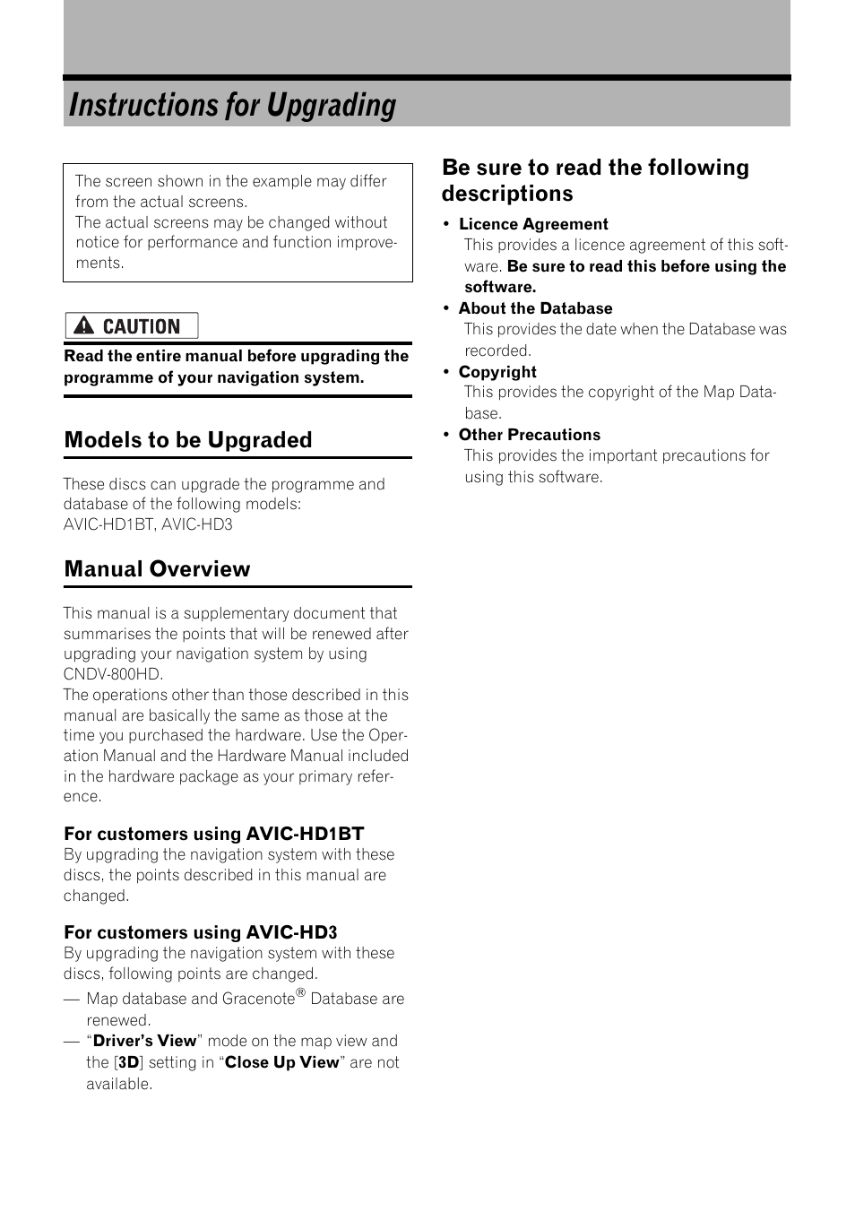 Instructions for upgrading, Models to be upgraded, Manual overview | Be sure to read the following descriptions | Pioneer CNDV-800HD User Manual | Page 2 / 18