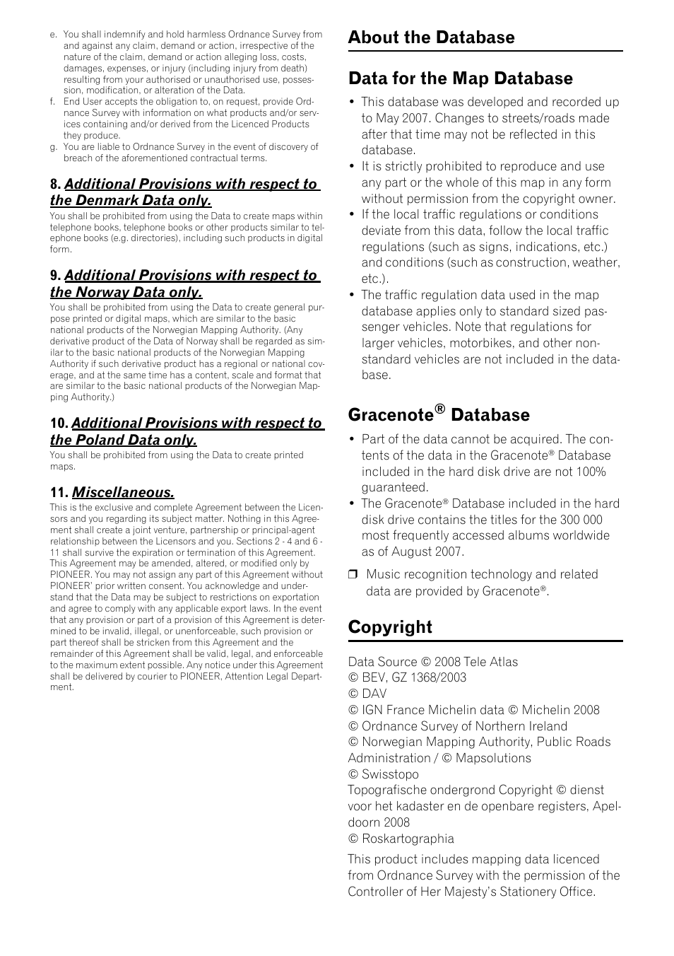 About the database data for the map database, Database, Copyright | Miscellaneous | Pioneer CNDV-800HD User Manual | Page 5 / 18