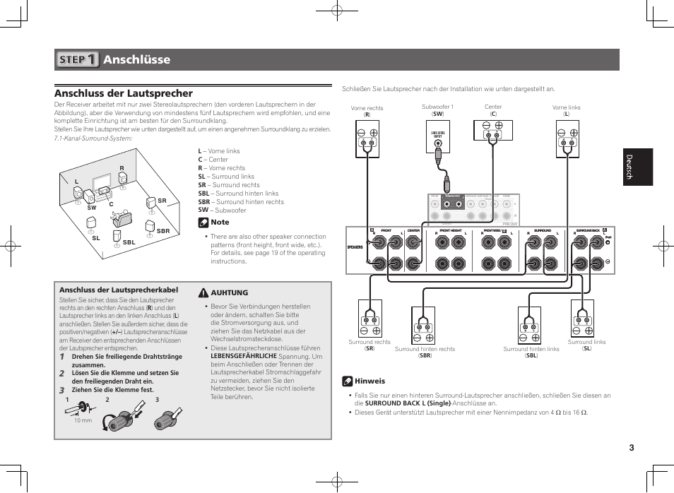 Anschlüsse, Anschluss der lautsprecher, Anschluss der lautsprecherkabel | Auhtung, Hinweis | Pioneer SC-LX57-S User Manual | Page 15 / 48