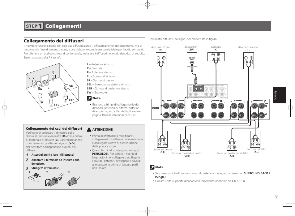 Collegamenti, Collegamento dei diffusori, Collegamento dei cavi dei diffusori | Attenzione, Nota | Pioneer SC-LX57-S User Manual | Page 21 / 48