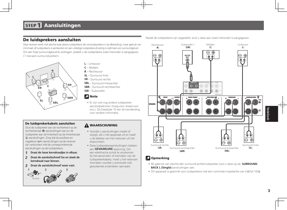 Aansluitingen, De luidsprekers aansluiten, De luidsprekerkabels aansluiten | Waarschuwing, Opmerking | Pioneer SC-LX57-S User Manual | Page 27 / 48