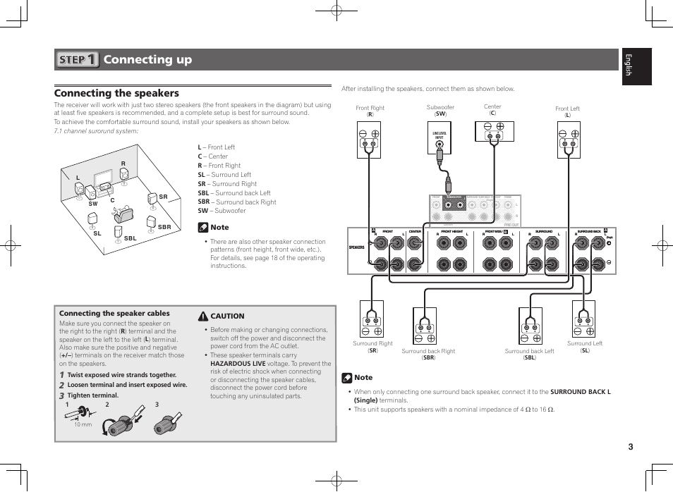 Connecting up, Connecting the speakers, Connecting the speaker cables | Caution | Pioneer SC-LX57-S User Manual | Page 3 / 48