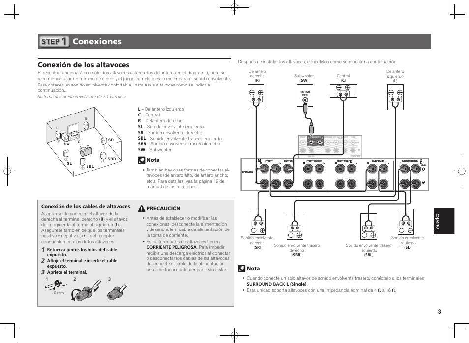 Conexiones, Conexión de los altavoces, Nota | Conexión de los cables de altavoces, Precaución | Pioneer SC-LX57-S User Manual | Page 33 / 48