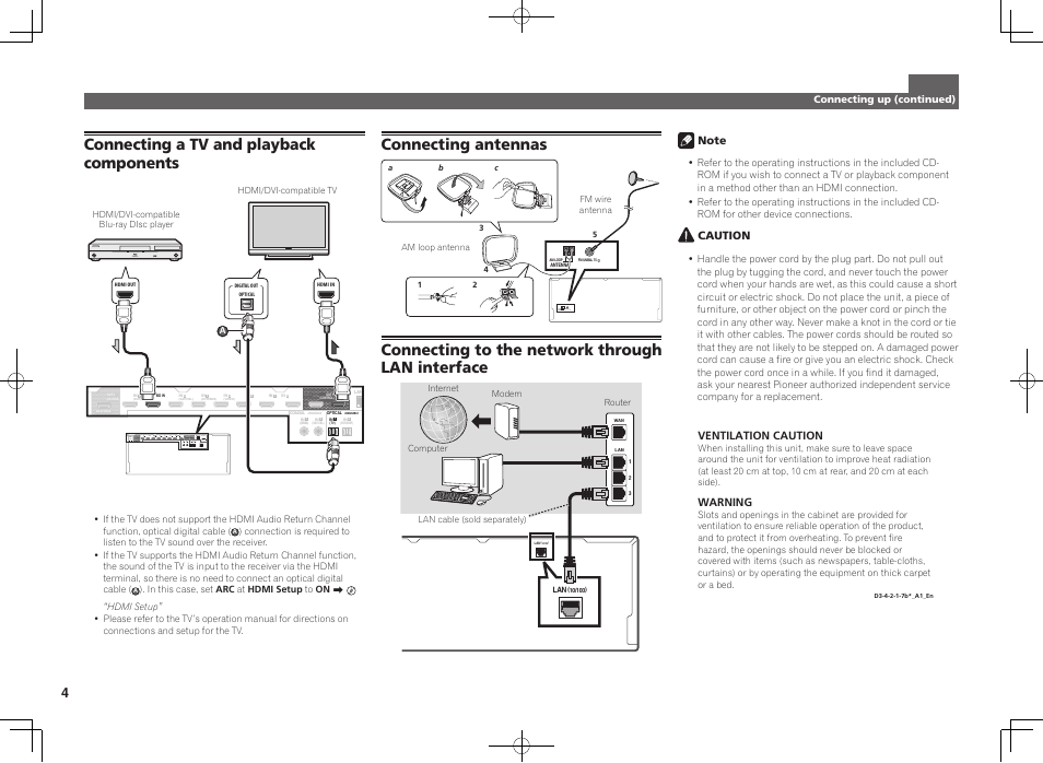 Connecting a tv and playback components, Connecting antennas antenna am loop fm unbal 75, Connecting to the network through lan interface | Pioneer SC-LX57-S User Manual | Page 4 / 48