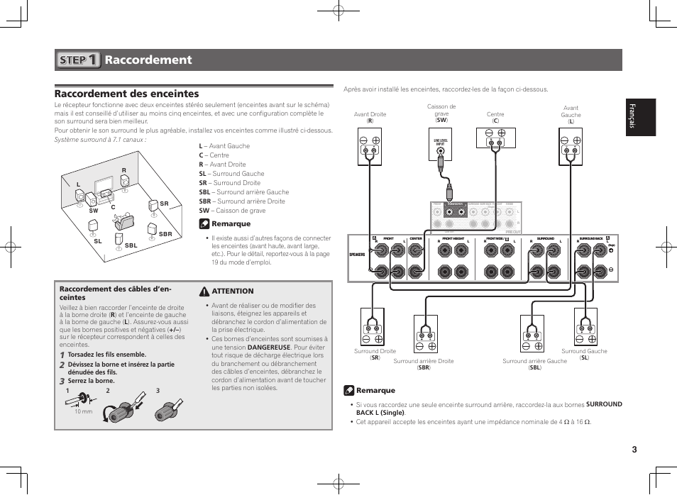 Raccordement, Raccordement des enceintes, Remarque | Raccordement des câbles d’en- ceintes, Attention | Pioneer SC-LX57-S User Manual | Page 9 / 48