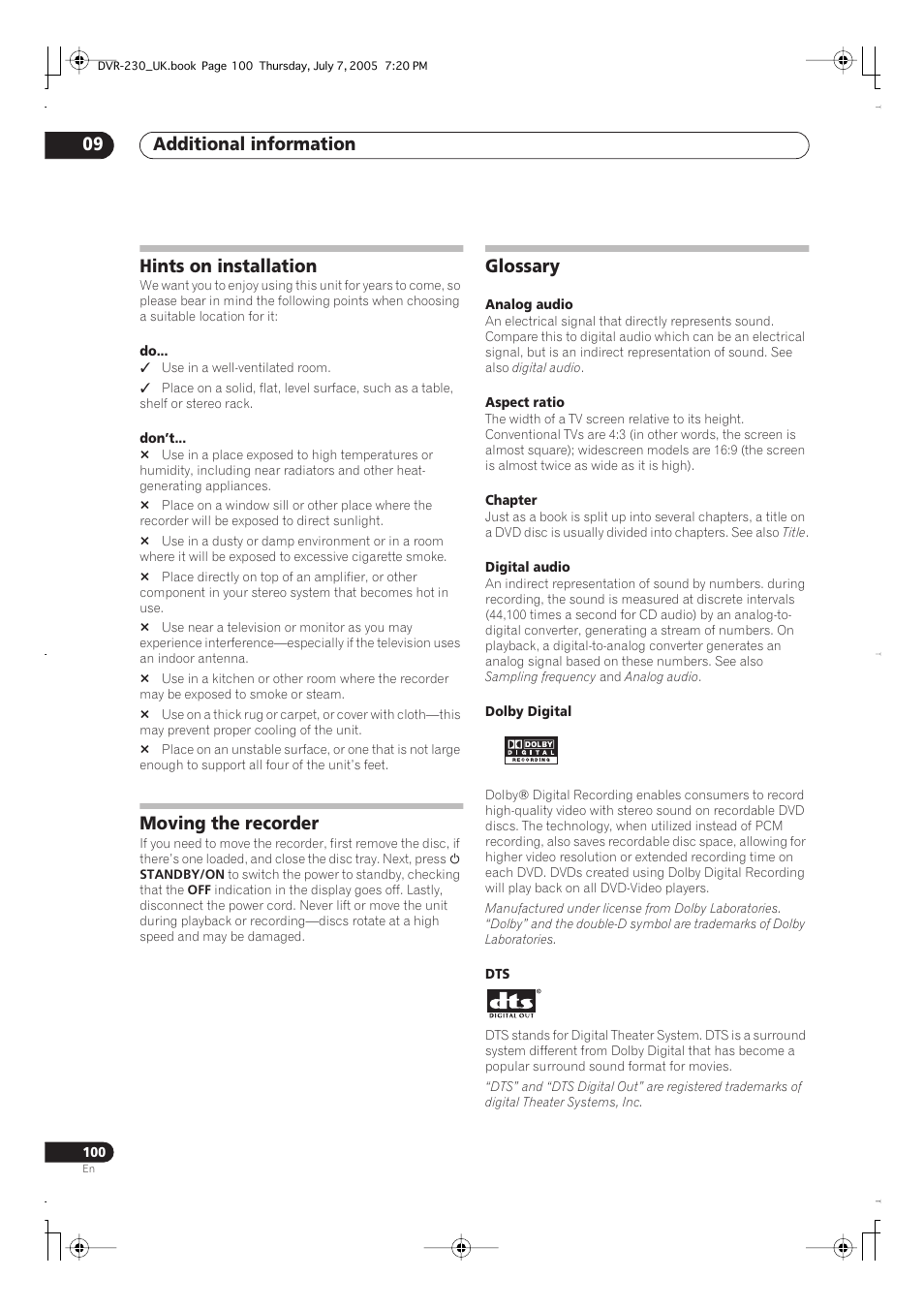 Hints on installation, Moving the recorder, Glossary | Additional information 09 | Pioneer RCS-55 User Manual | Page 100 / 104