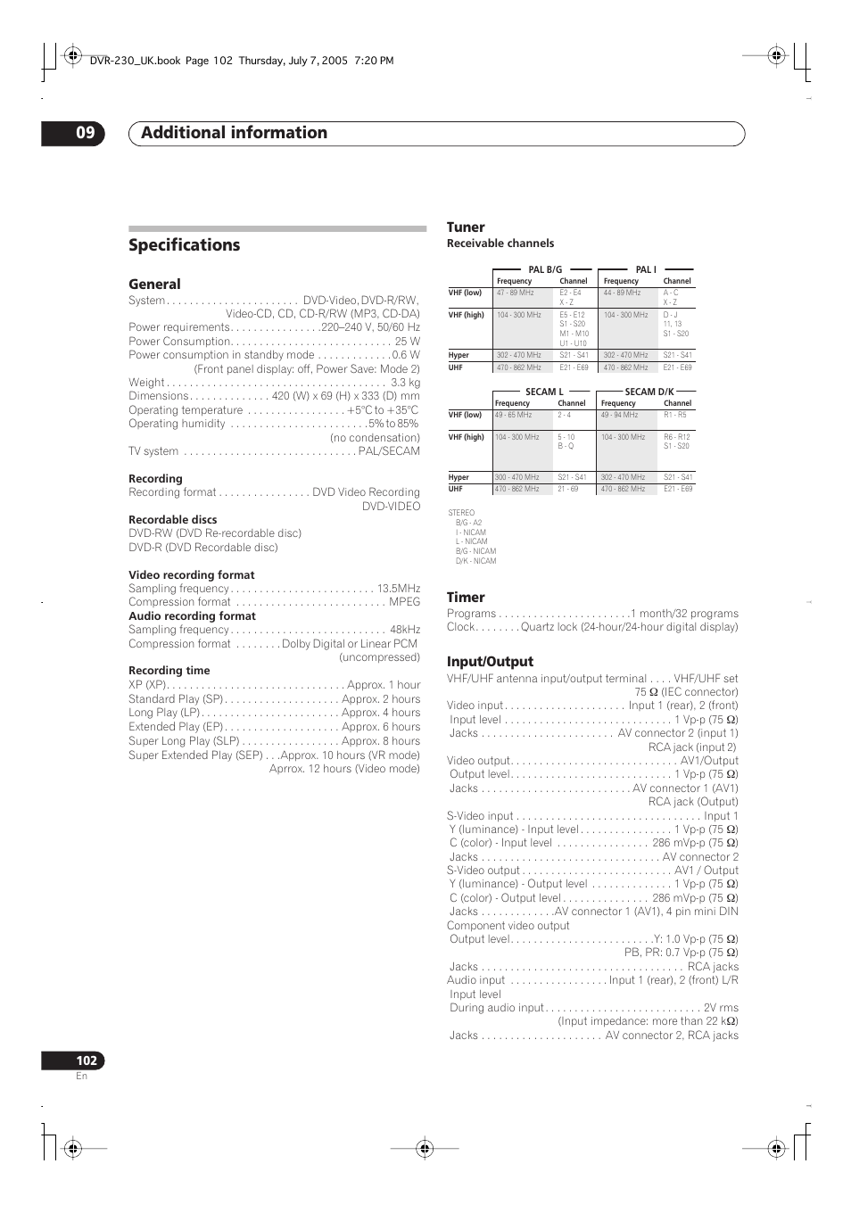 Specifications, Additional information 09, General | Tuner, Timer, Input/output | Pioneer RCS-55 User Manual | Page 102 / 104