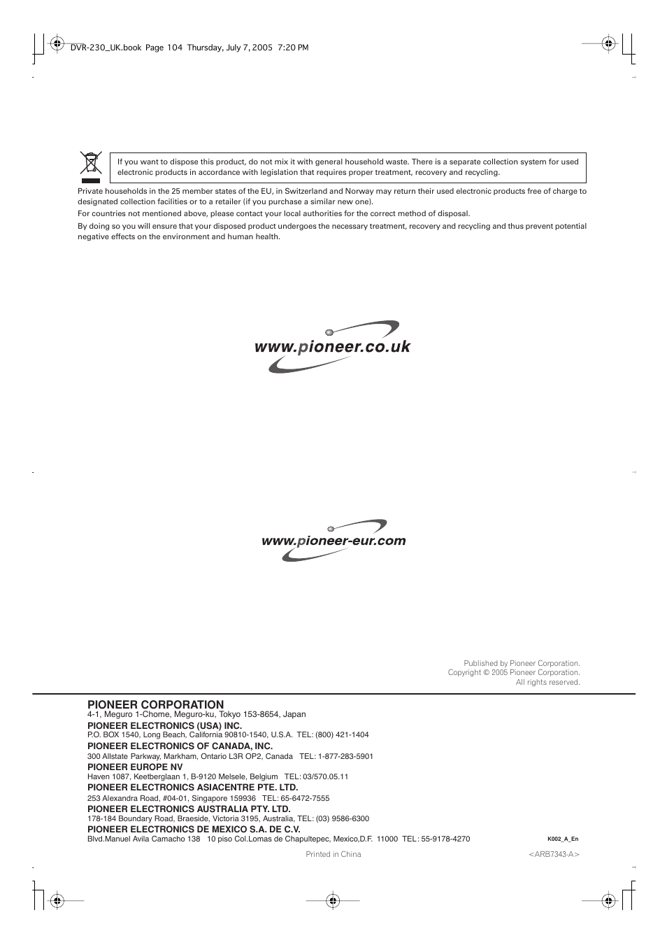 Pioneer corporation | Pioneer RCS-55 User Manual | Page 104 / 104