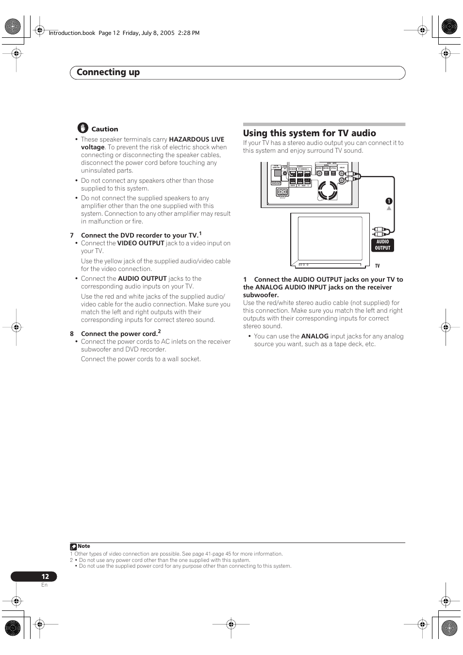 Using this system for tv audio, Connecting up | Pioneer RCS-55 User Manual | Page 12 / 104