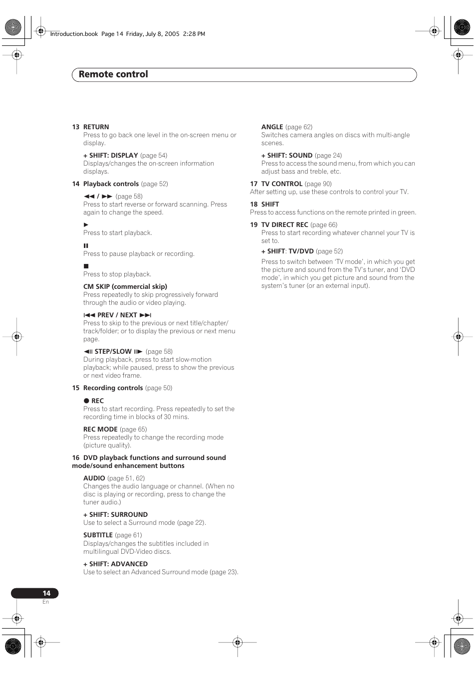 Remote control | Pioneer RCS-55 User Manual | Page 14 / 104