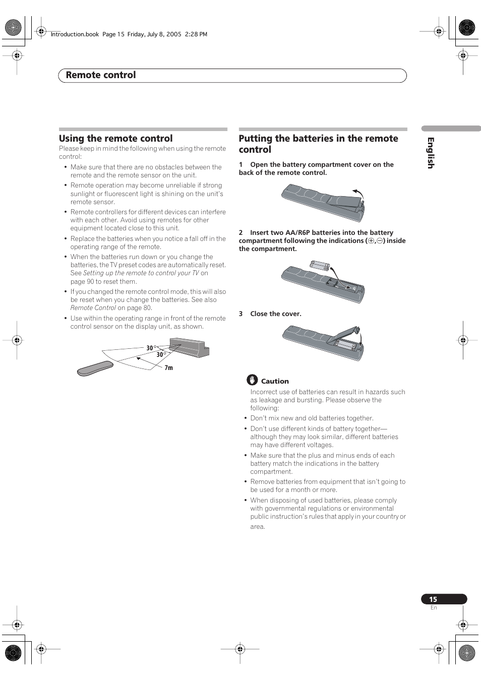 Using the remote control, Putting the batteries in the remote control, Remote control | Pioneer RCS-55 User Manual | Page 15 / 104