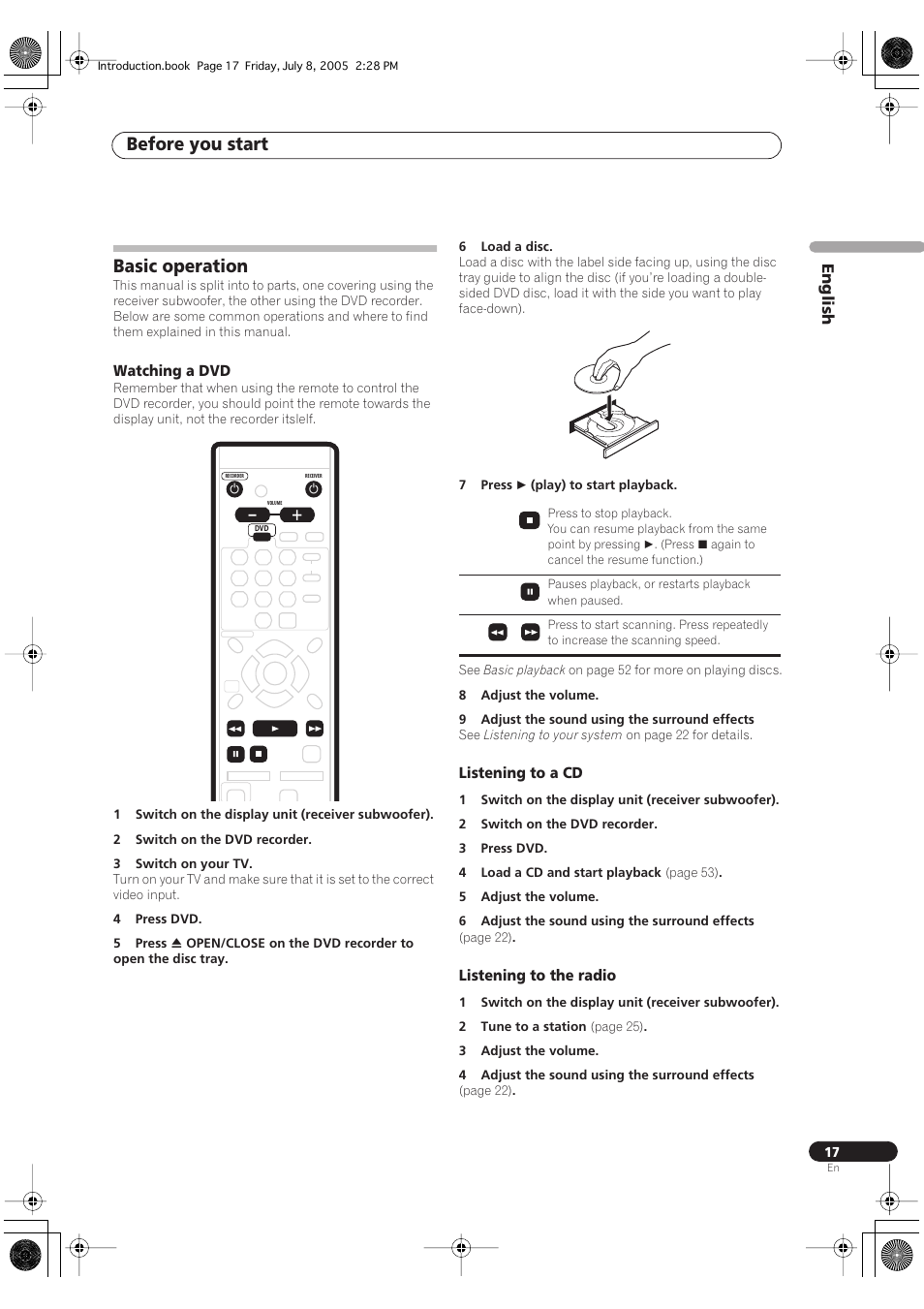 Basic operation, Watching a dvd, Listening to a cd | Listening to the radio, Before you start, English | Pioneer RCS-55 User Manual | Page 17 / 104