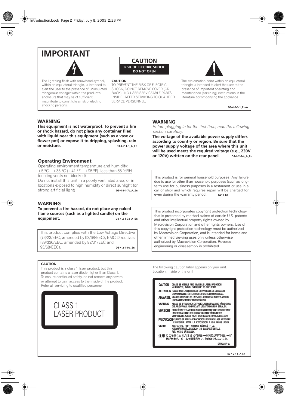 Important, Class 1 laser product, Caution | Warning, Operating environment | Pioneer RCS-55 User Manual | Page 2 / 104