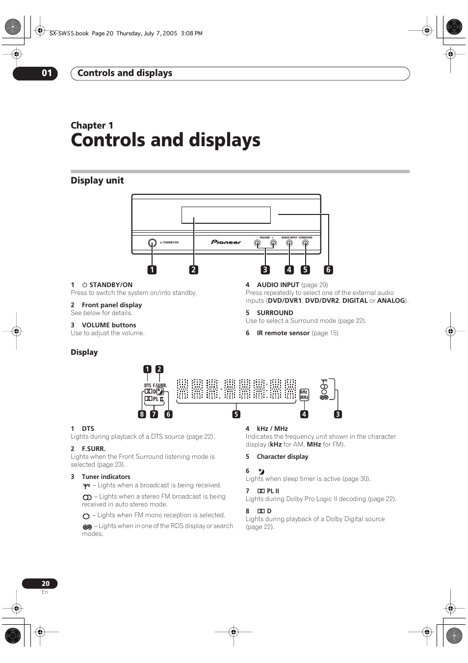01 controls and displays, Display unit, Display | Controls and displays, Controls and displays 01, Chapter 1 | Pioneer RCS-55 User Manual | Page 20 / 104