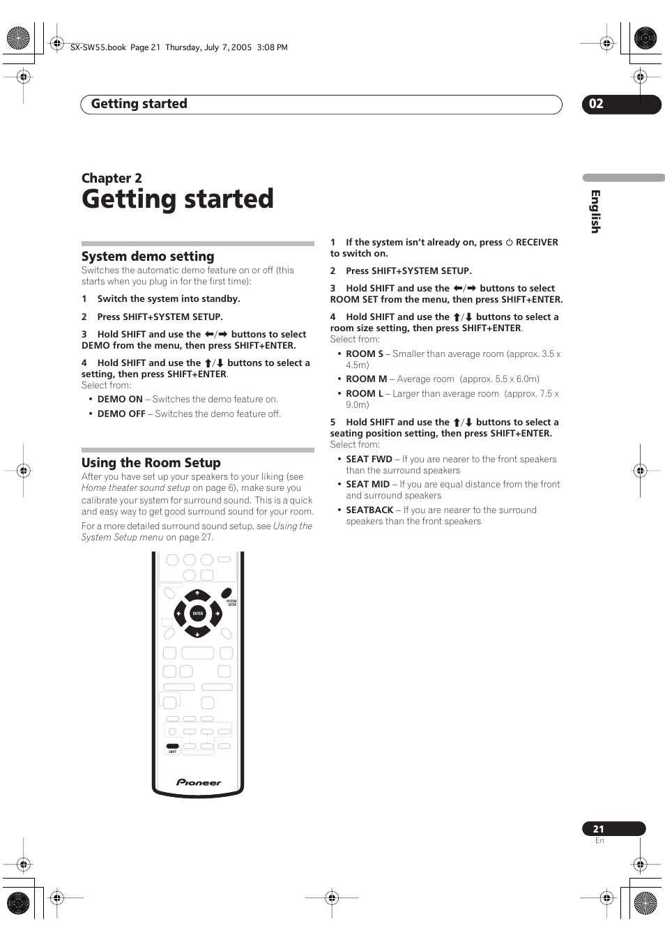 02 getting started, System demo setting, Using the room setup | Getting started, Getting started 02, Chapter 2, English | Pioneer RCS-55 User Manual | Page 21 / 104