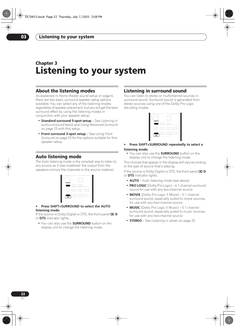 03 listening to your system, About the listening modes, Auto listening mode | Listening in surround sound, Listening to your system, Listening to your system 03, Chapter 3 | Pioneer RCS-55 User Manual | Page 22 / 104