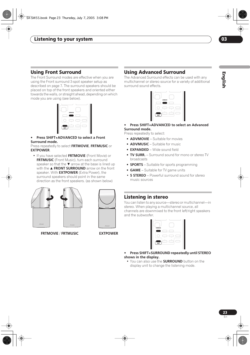 Using front surround, Using advanced surround, Listening in stereo | Listening to your system 03, English | Pioneer RCS-55 User Manual | Page 23 / 104