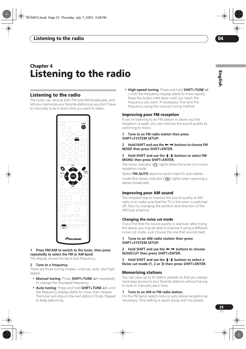 04 listening to the radio, Listening to the radio, Improving poor fm reception | Improving poor am sound, Memorizing stations, Listening to the radio 04, Chapter 4, English | Pioneer RCS-55 User Manual | Page 25 / 104