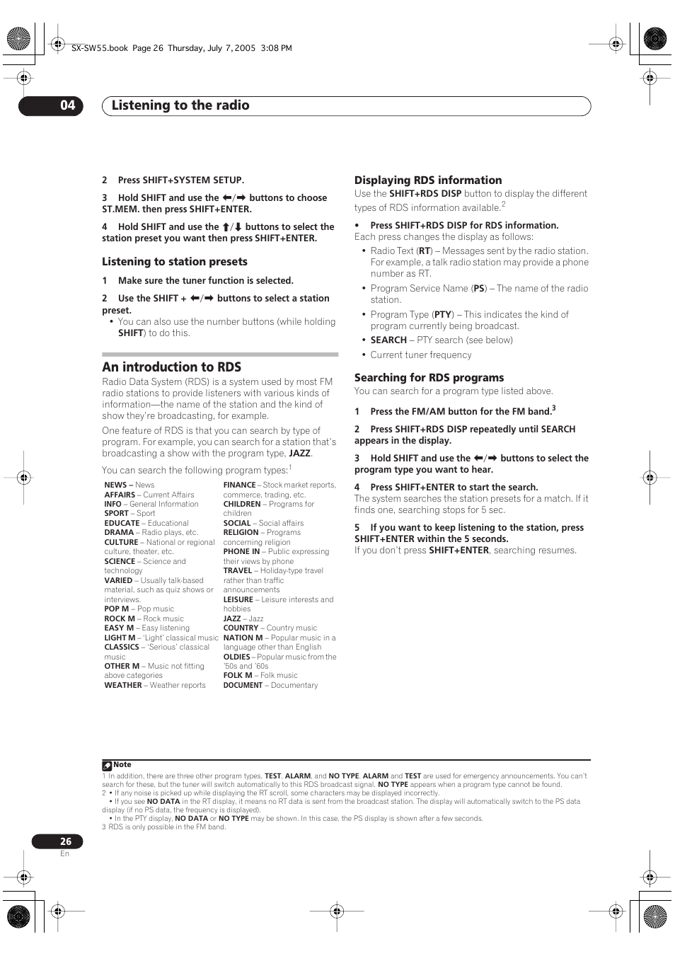 Listening to station presets, An introduction to rds, Displaying rds information | Searching for rds programs, Listening to the radio 04 | Pioneer RCS-55 User Manual | Page 26 / 104