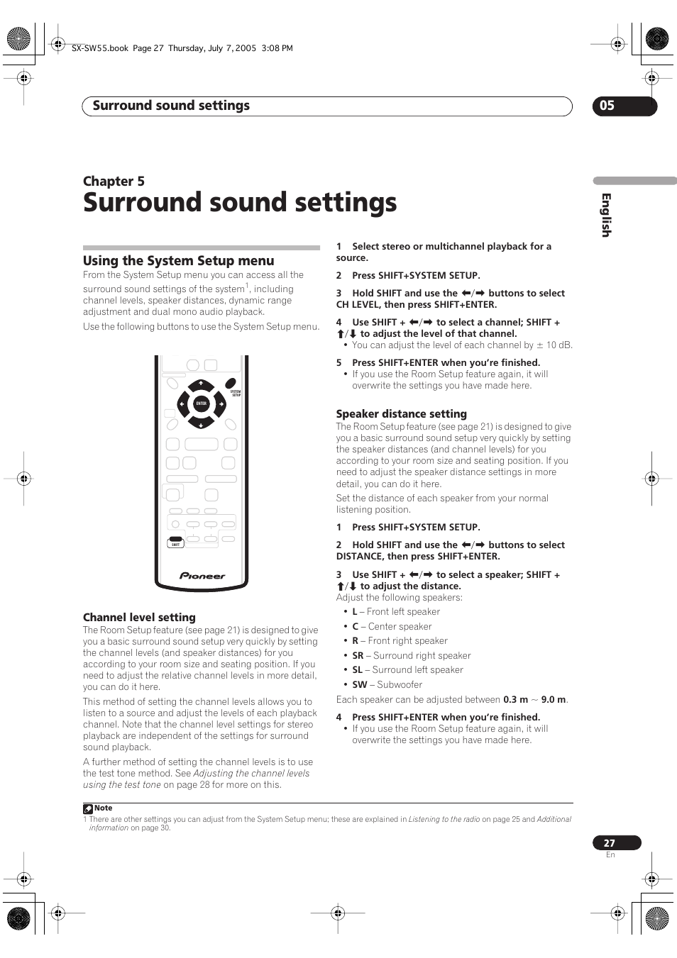 05 surround sound settings, Using the system setup menu, Channel level setting | Speaker distance setting, Surround sound settings, Surround sound settings 05, Chapter 5, English | Pioneer RCS-55 User Manual | Page 27 / 104