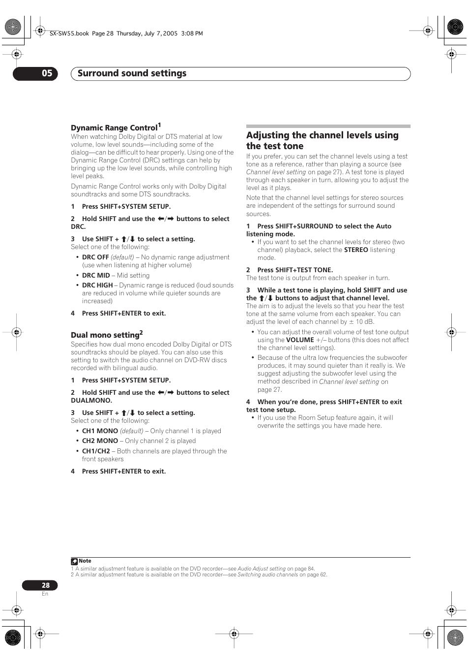 Dynamic range control, Dual mono setting, Adjusting the channel levels using the test tone | Surround sound settings 05 | Pioneer RCS-55 User Manual | Page 28 / 104