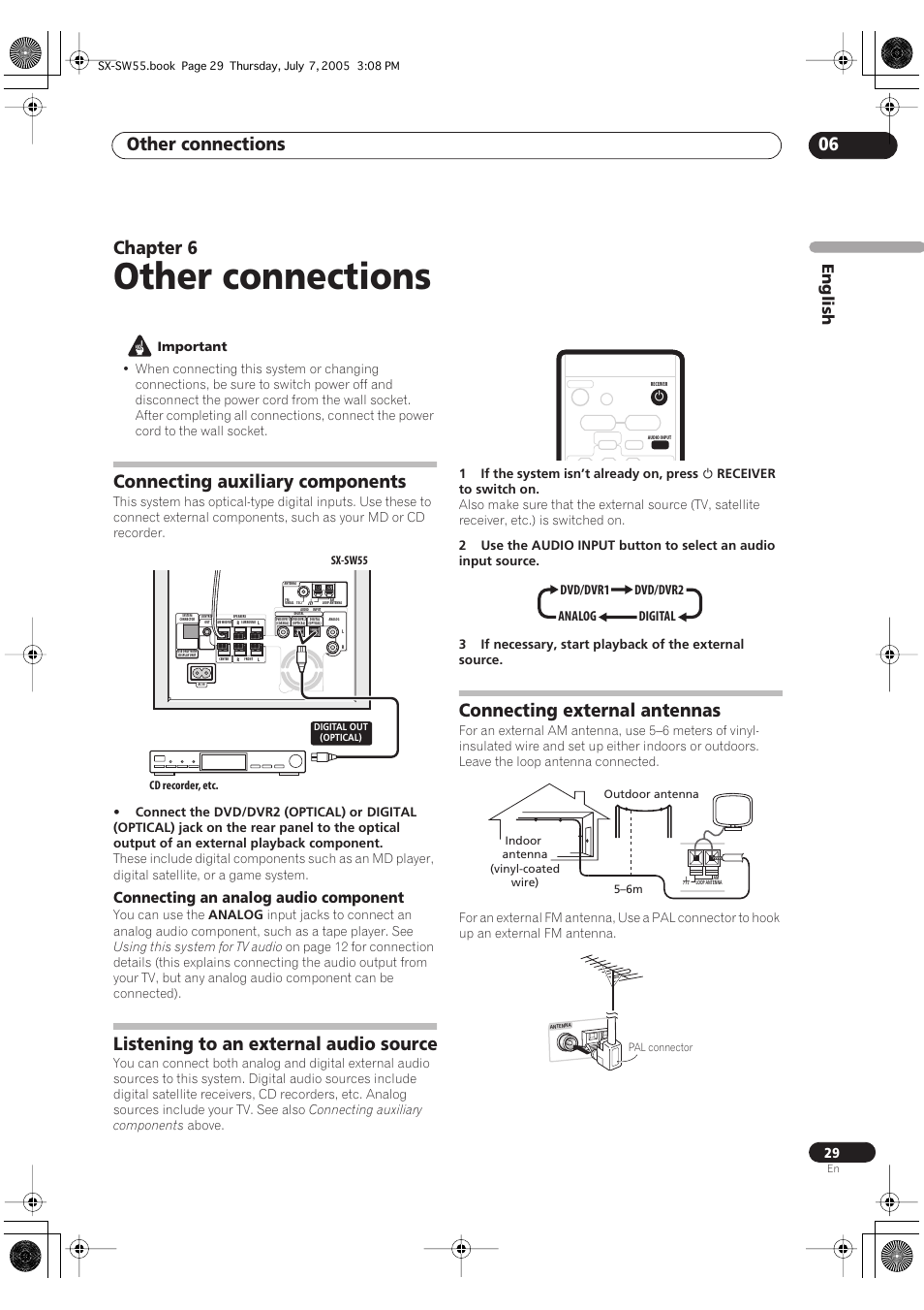 06 other connections, Connecting auxiliary components, Connecting an analog audio component | Listening to an external audio source, Connecting external antennas, Other connections, Other connections 06, Chapter 6, English | Pioneer RCS-55 User Manual | Page 29 / 104