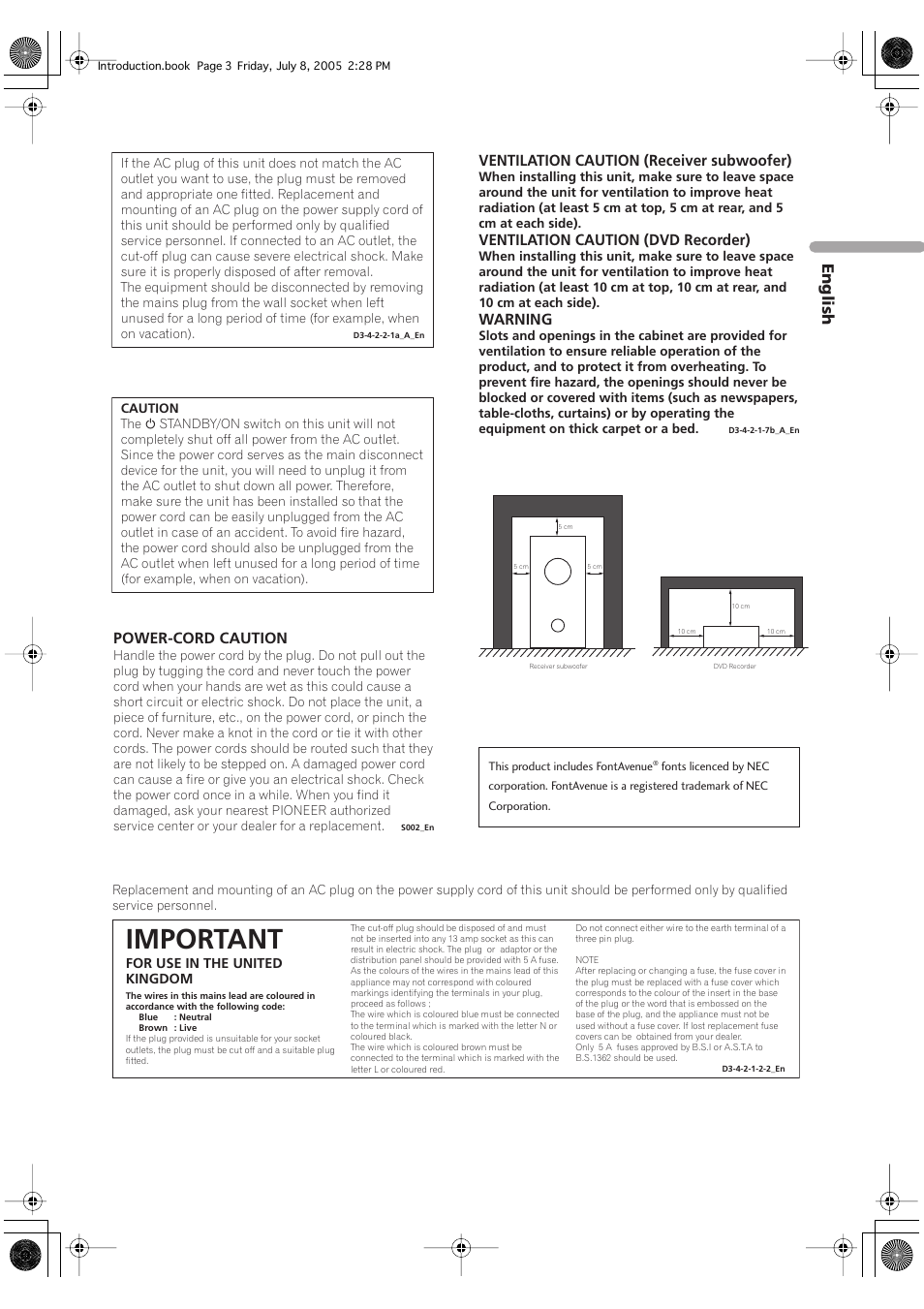 Important, Ventilation caution (receiver subwoofer), Ventilation caution (dvd recorder) | Warning, Power-cord caution, English | Pioneer RCS-55 User Manual | Page 3 / 104