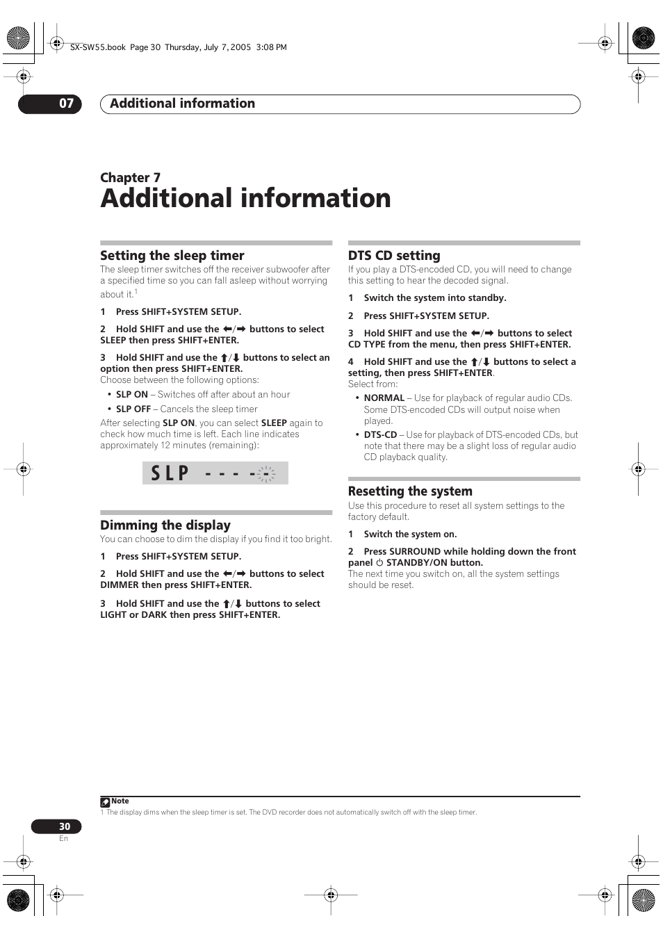07 additional information, Setting the sleep timer, Dimming the display | Dts cd setting, Resetting the system, Additional information, S l p, Additional information 07, Chapter 7 | Pioneer RCS-55 User Manual | Page 30 / 104