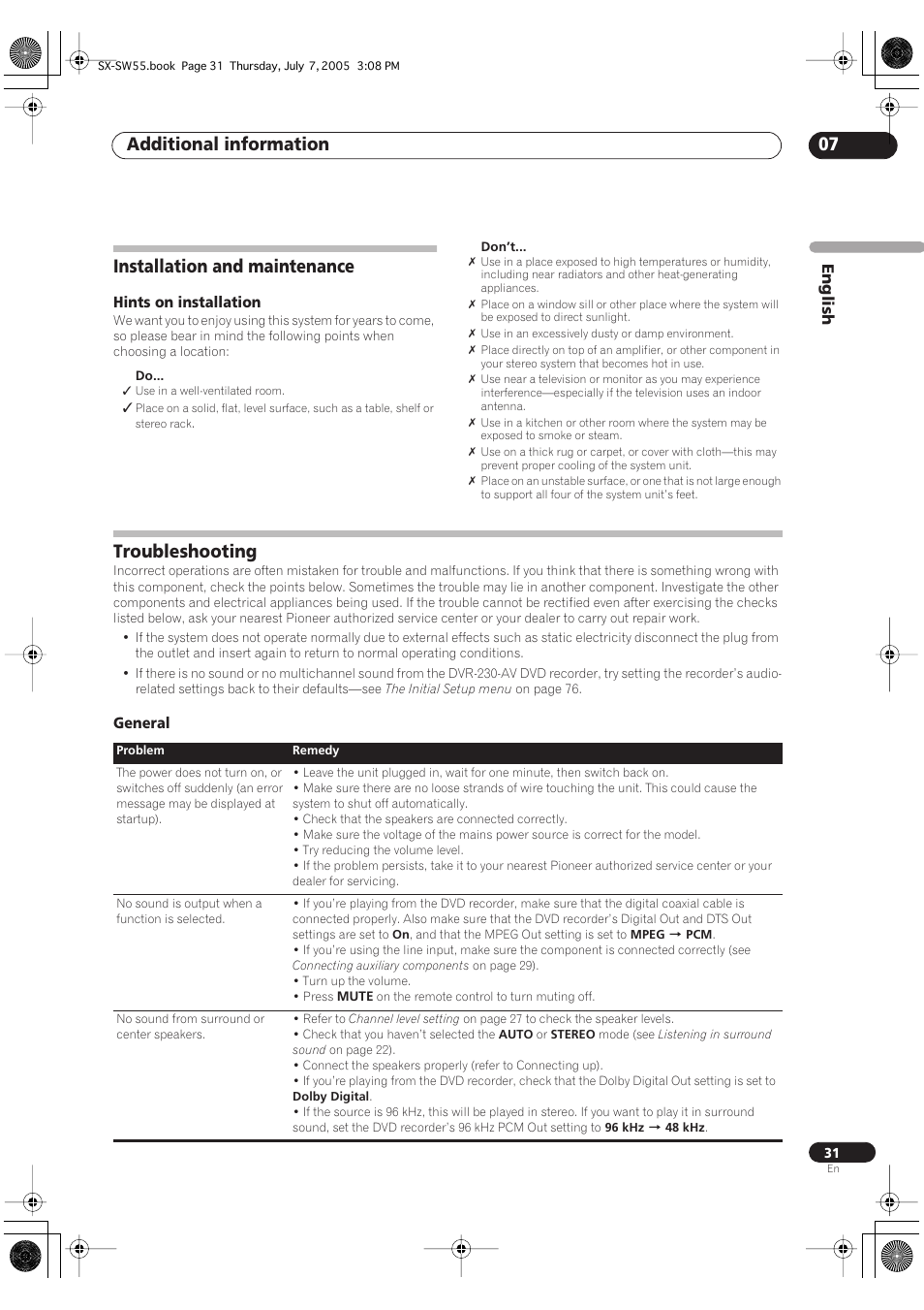 Installation and maintenance, Hints on installation, Troubleshooting | General, Additional information 07 | Pioneer RCS-55 User Manual | Page 31 / 104