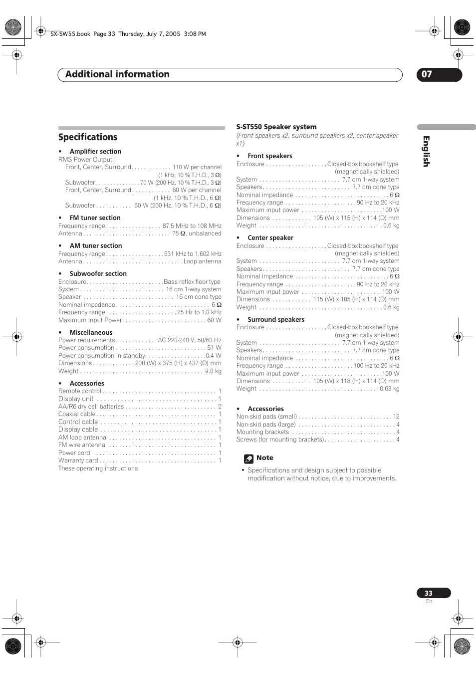 Specifications, Additional information 07 | Pioneer RCS-55 User Manual | Page 33 / 104