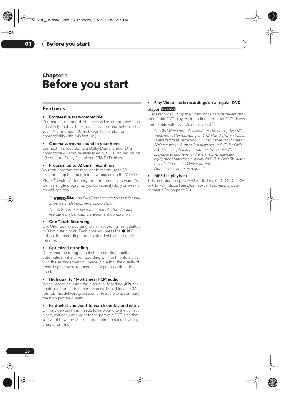 01 before you start, Features, Before you start | Before you start 01, Chapter 1 | Pioneer RCS-55 User Manual | Page 36 / 104