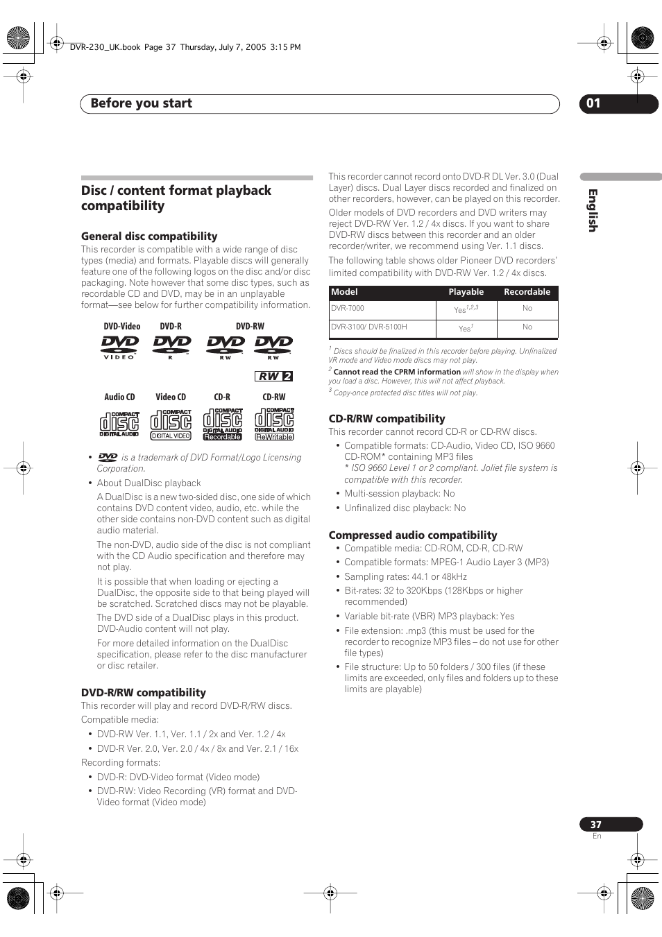 Disc / content format playback compatibility, Before you start 01 | Pioneer RCS-55 User Manual | Page 37 / 104