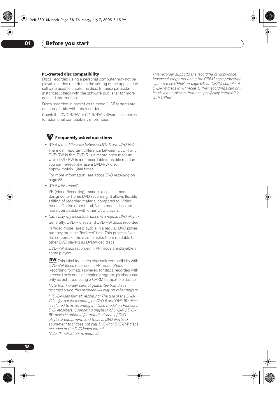 Before you start 01 | Pioneer RCS-55 User Manual | Page 38 / 104