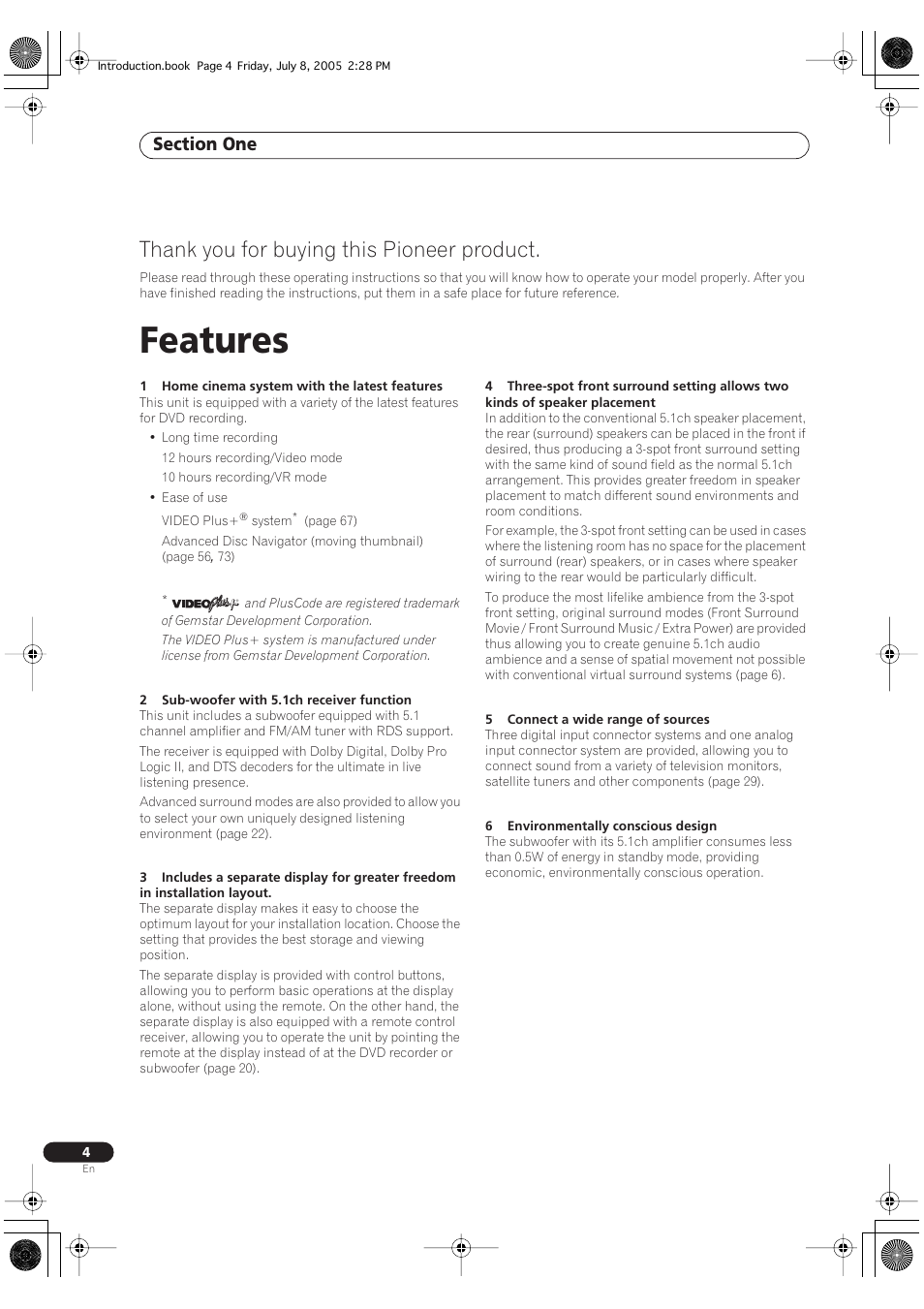 Features | Pioneer RCS-55 User Manual | Page 4 / 104