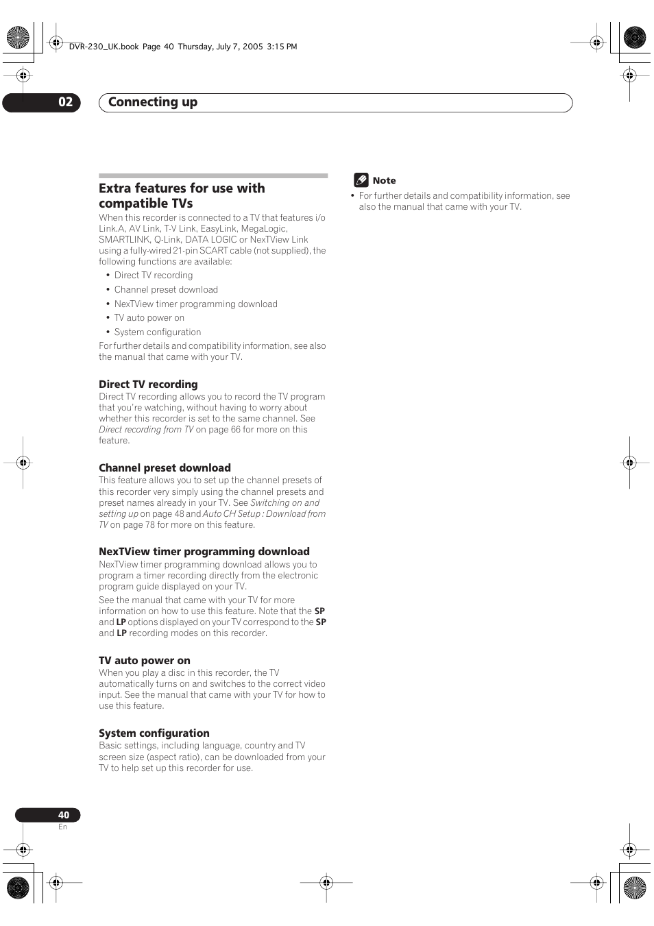 Extra features for use with compatible tvs, Connecting up 02 | Pioneer RCS-55 User Manual | Page 40 / 104