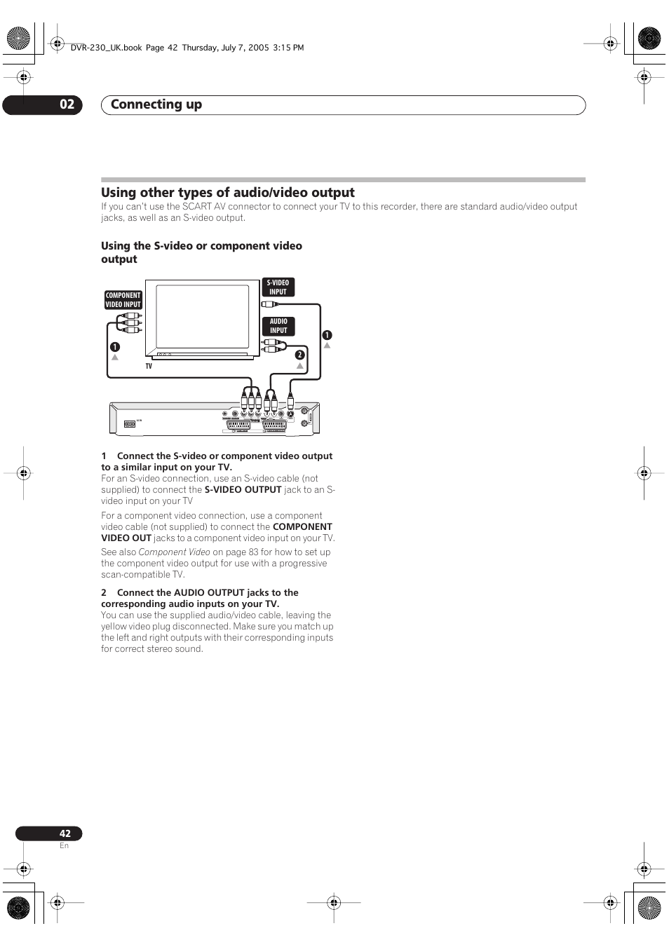 Using other types of audio/video output, Connecting up 02, Using the s-video or component video output | Pioneer RCS-55 User Manual | Page 42 / 104