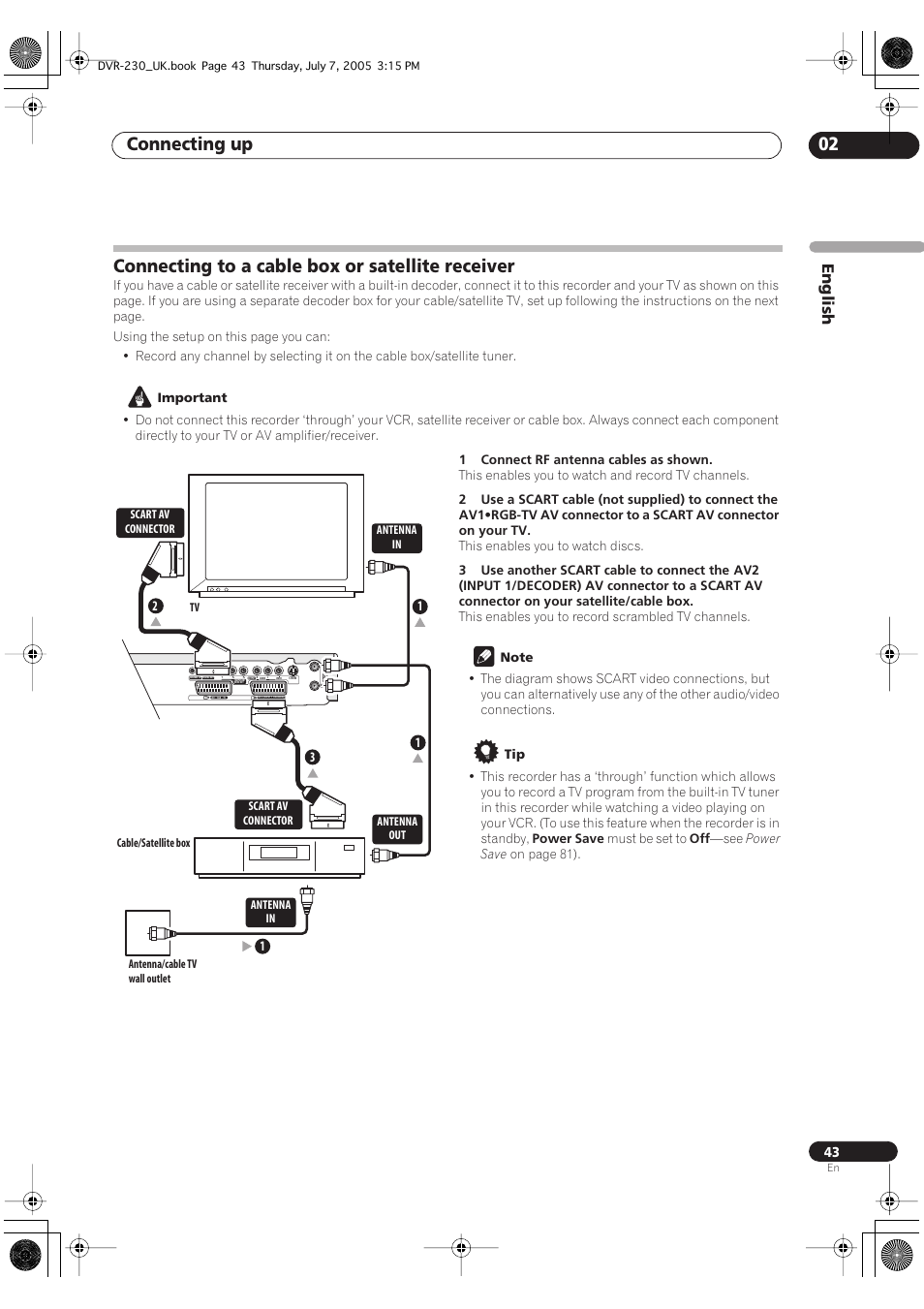 Connecting to a cable box or satellite receiver, Connecting up 02, English | Pioneer RCS-55 User Manual | Page 43 / 104