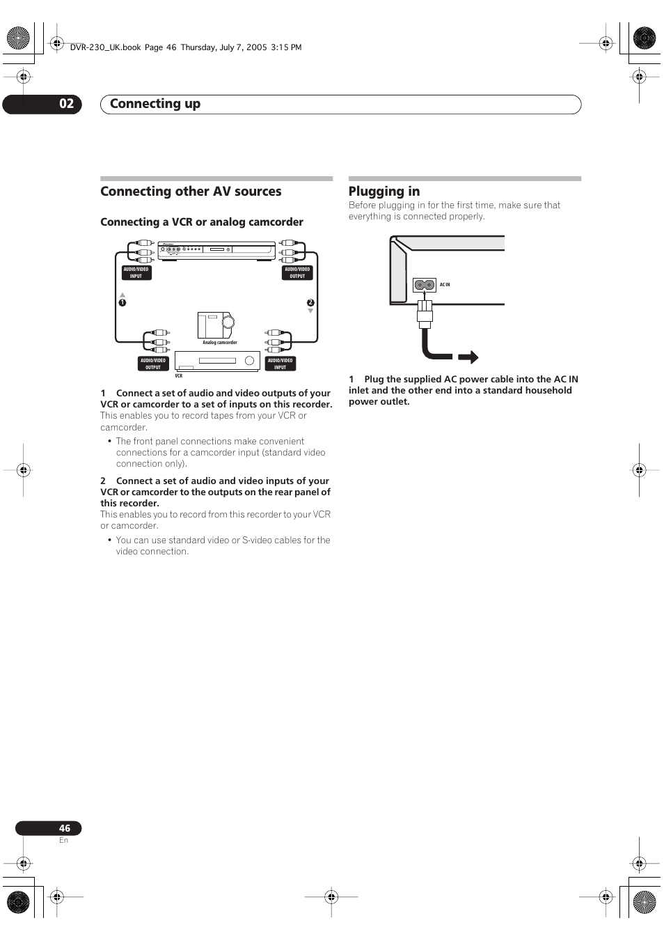 Connecting other av sources, Plugging in, Connecting up 02 | Connecting a vcr or analog camcorder | Pioneer RCS-55 User Manual | Page 46 / 104