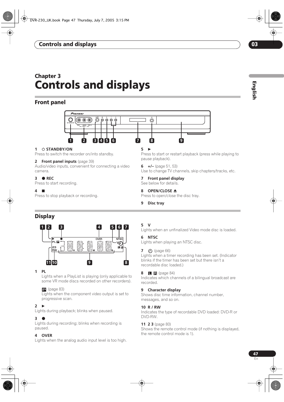 03 controls and displays, Front panel, Display | Controls and displays, Controls and displays 03, Chapter 3 | Pioneer RCS-55 User Manual | Page 47 / 104