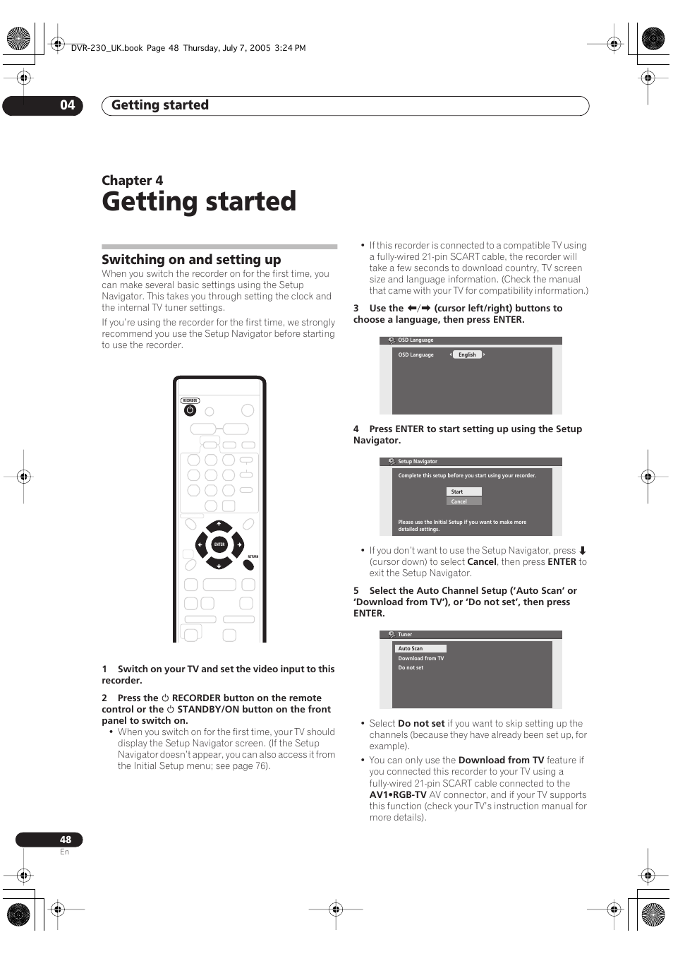 04 getting started, Switching on and setting up, Getting started | Getting started 04, Chapter 4 | Pioneer RCS-55 User Manual | Page 48 / 104