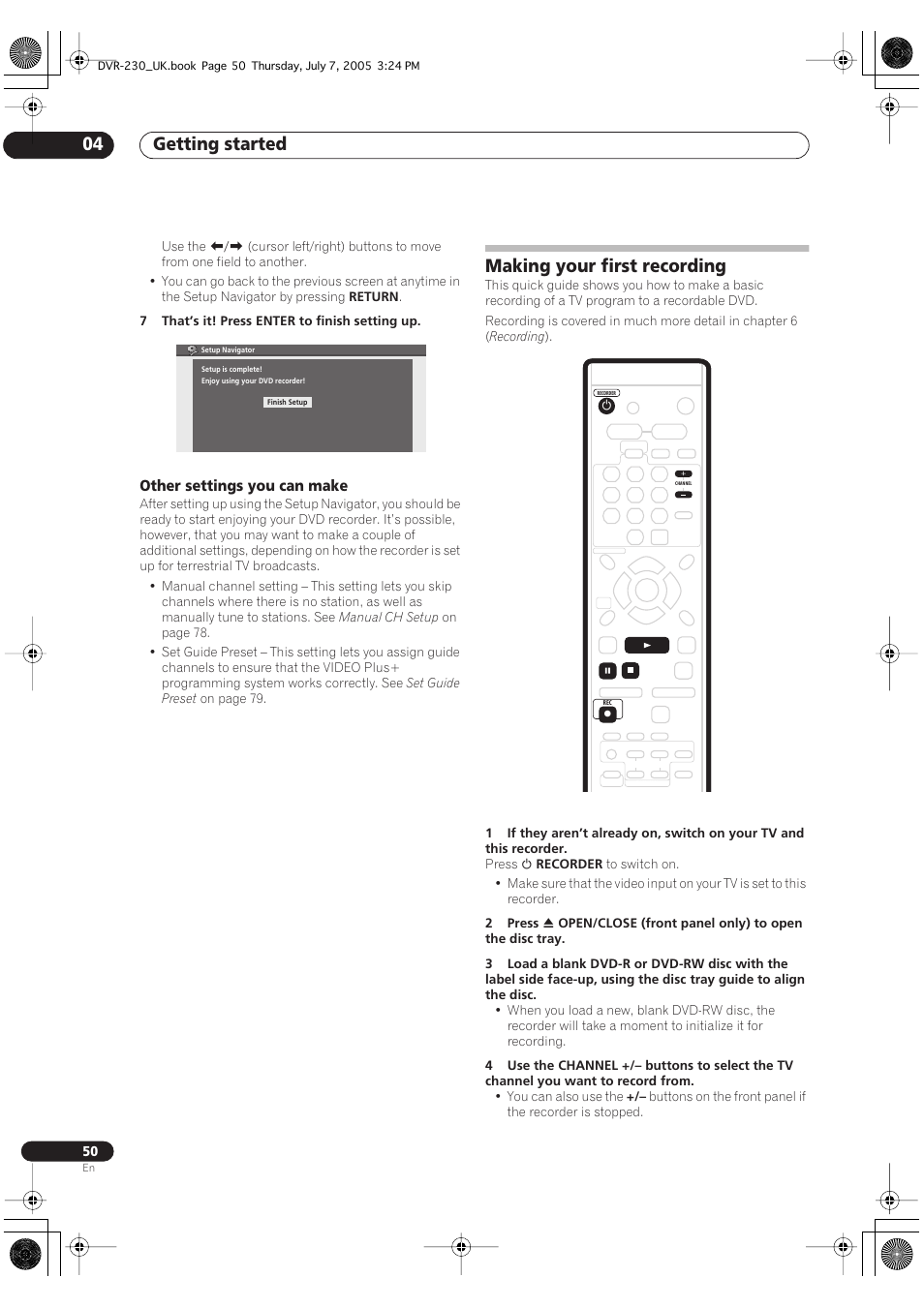Making your first recording, Getting started 04, Other settings you can make | Pioneer RCS-55 User Manual | Page 50 / 104