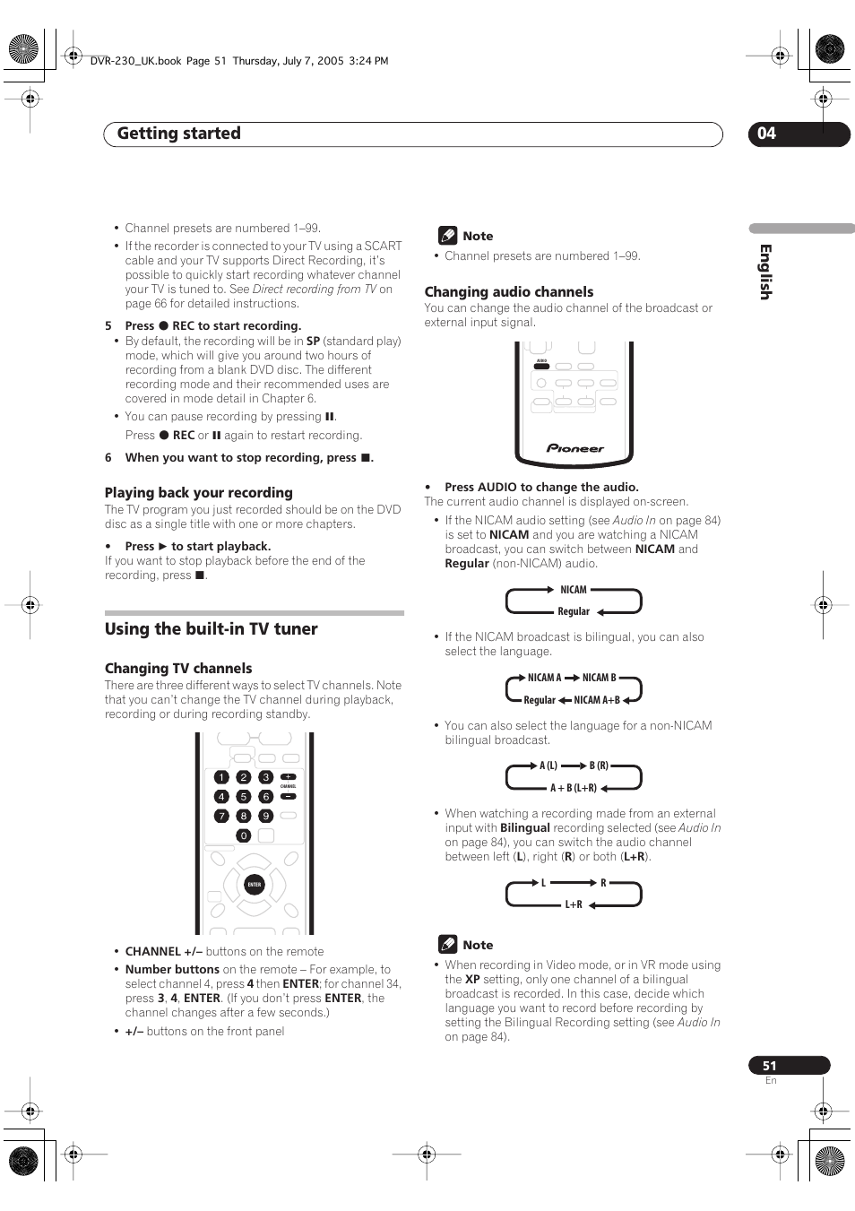 Using the built-in tv tuner, Getting started 04, English | Playing back your recording, Changing tv channels, Changing audio channels | Pioneer RCS-55 User Manual | Page 51 / 104