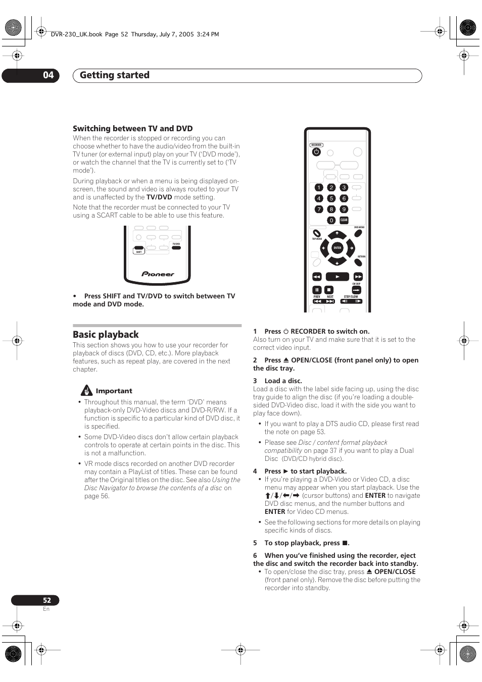 Basic playback, Getting started 04, Switching between tv and dvd | Pioneer RCS-55 User Manual | Page 52 / 104