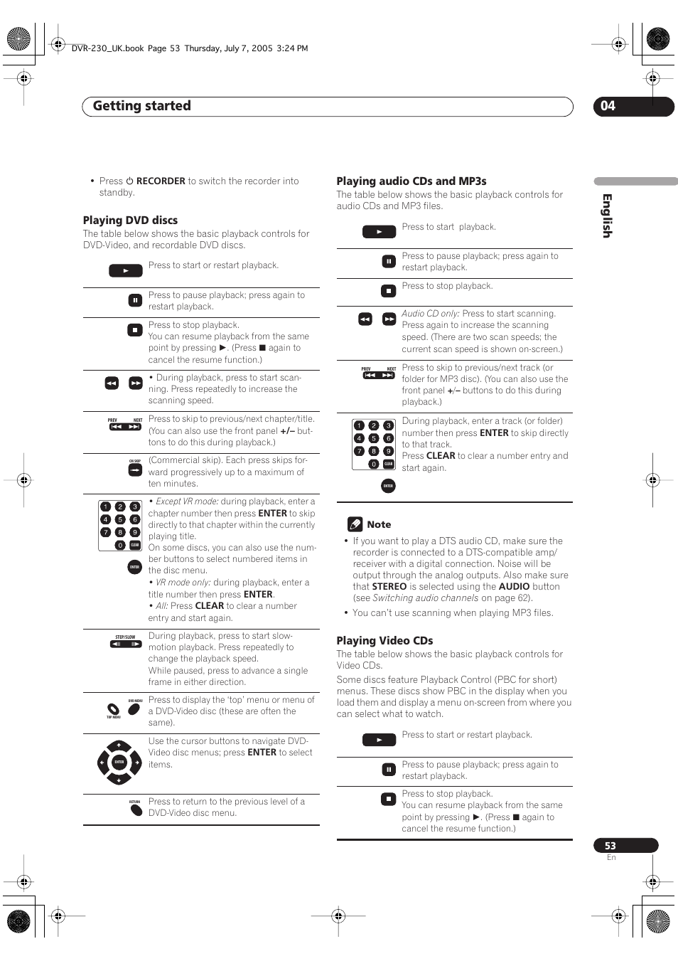 Getting started 04, English, Playing dvd discs | Playing audio cds and mp3s, Playing video cds | Pioneer RCS-55 User Manual | Page 53 / 104