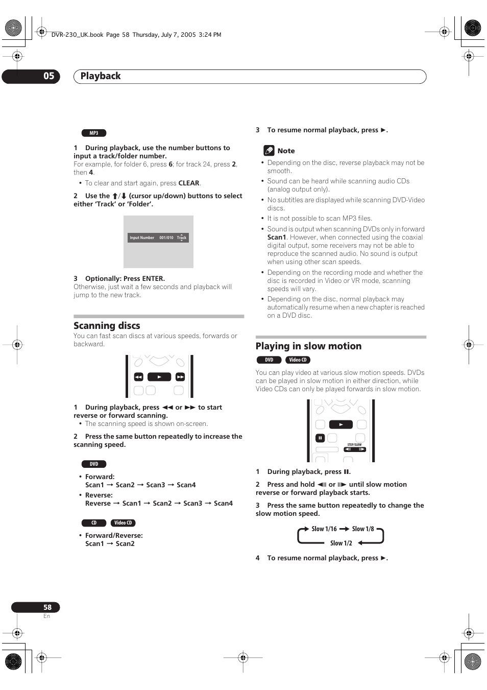 Scanning discs, Playing in slow motion, Playback 05 | Pioneer RCS-55 User Manual | Page 58 / 104