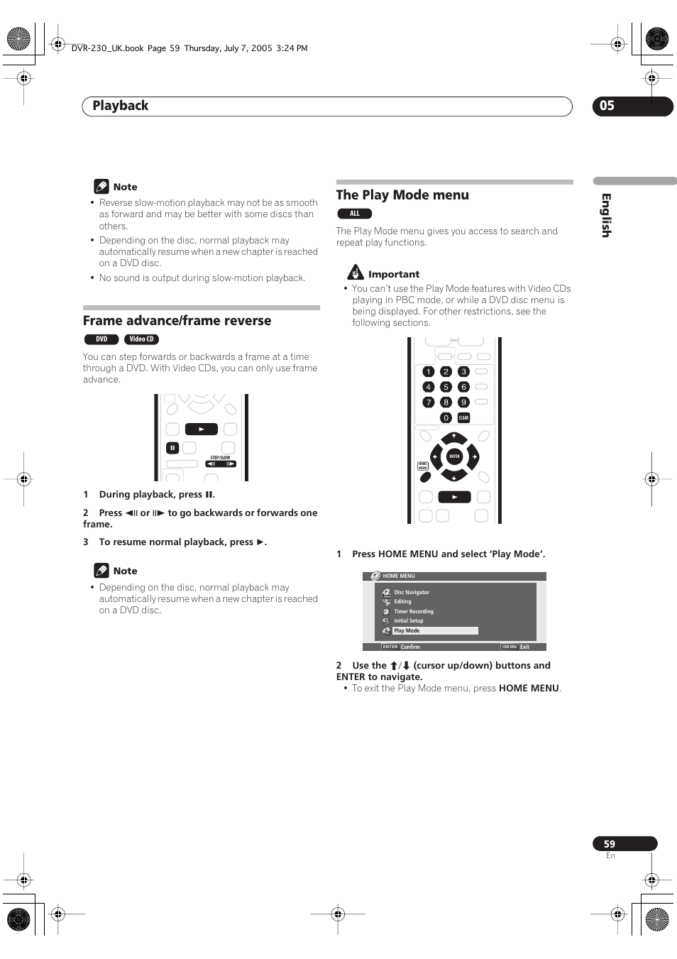 Frame advance/frame reverse, The play mode menu, Playback 05 | English | Pioneer RCS-55 User Manual | Page 59 / 104