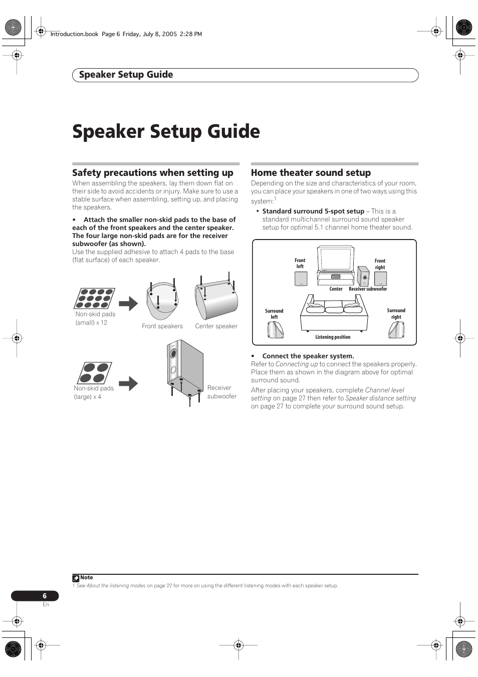 03speaker setup guide, Safety precautions when setting up, Home theater sound setup | Speaker setup guide | Pioneer RCS-55 User Manual | Page 6 / 104