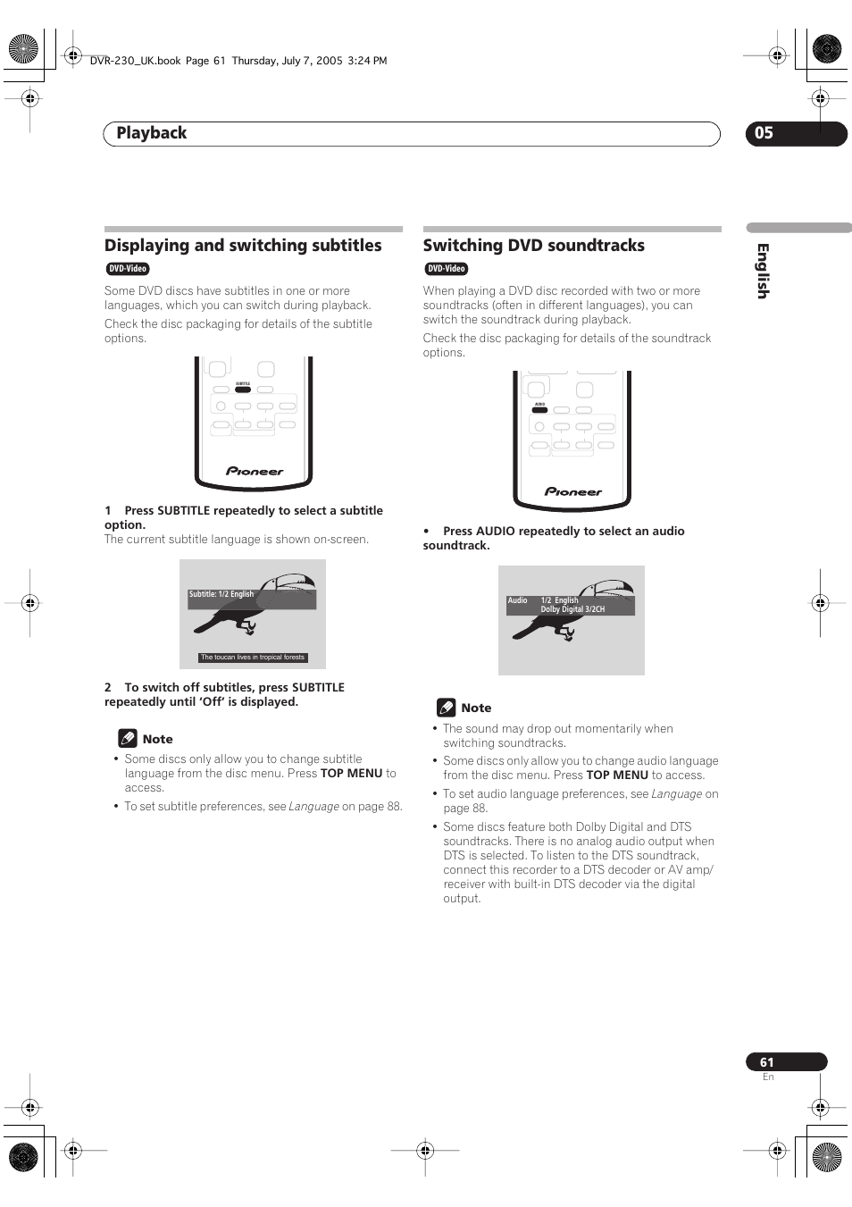 Displaying and switching subtitles, Switching dvd soundtracks, Playback 05 | English | Pioneer RCS-55 User Manual | Page 61 / 104